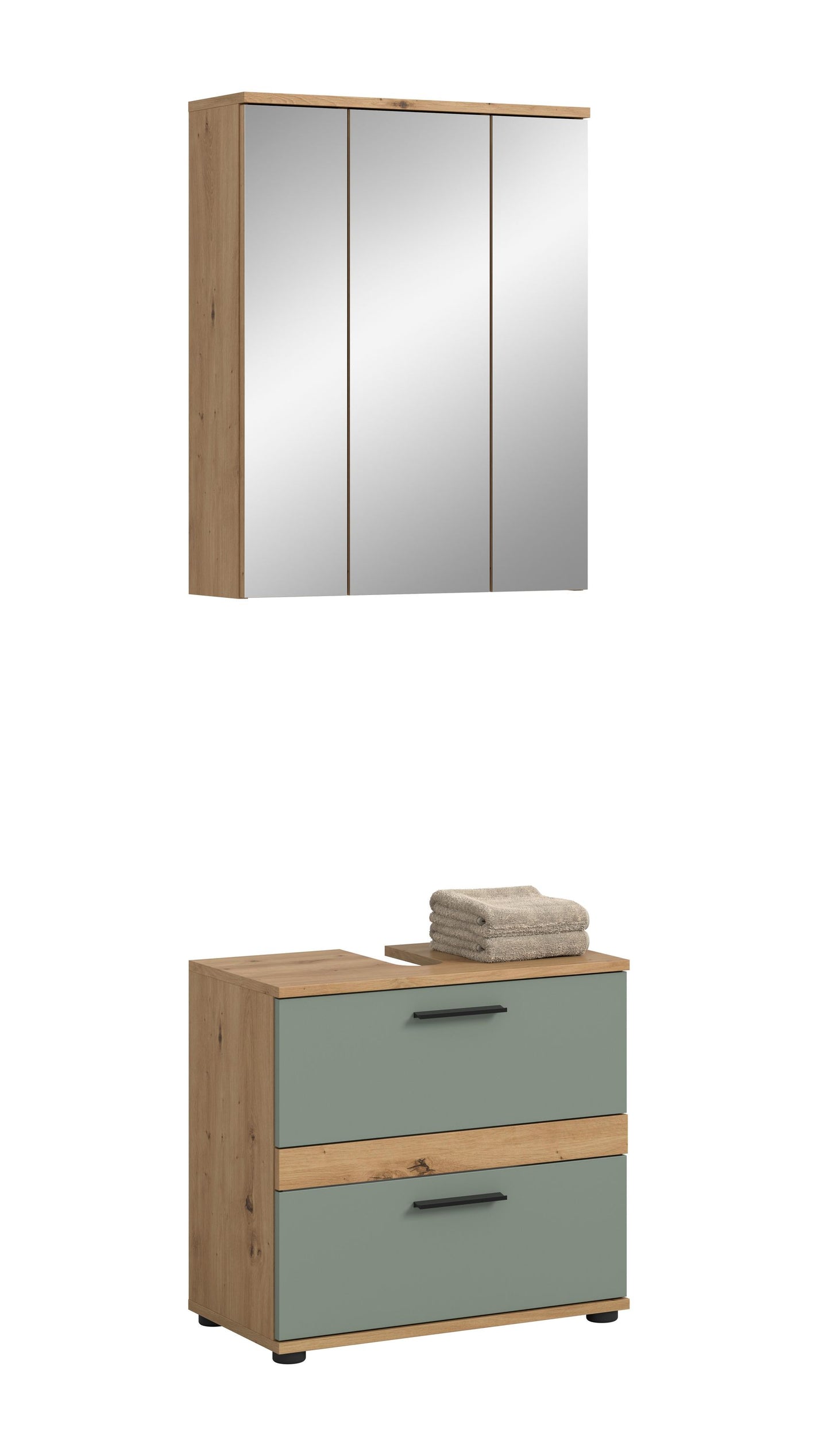 Badmöbel-Set mit Spiegelschrank und Waschtischunterschrank, türkisfarbenen Fronten, Holzseiten