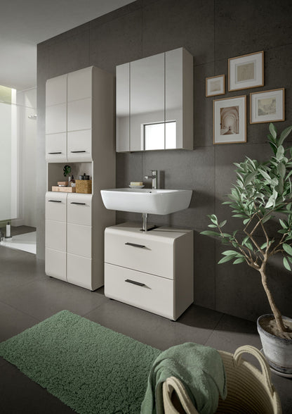 3-teiliges Badmöbel-Set mit Hochschrank, Spiegel und Waschplatz in Weiß und Dunkelgrau