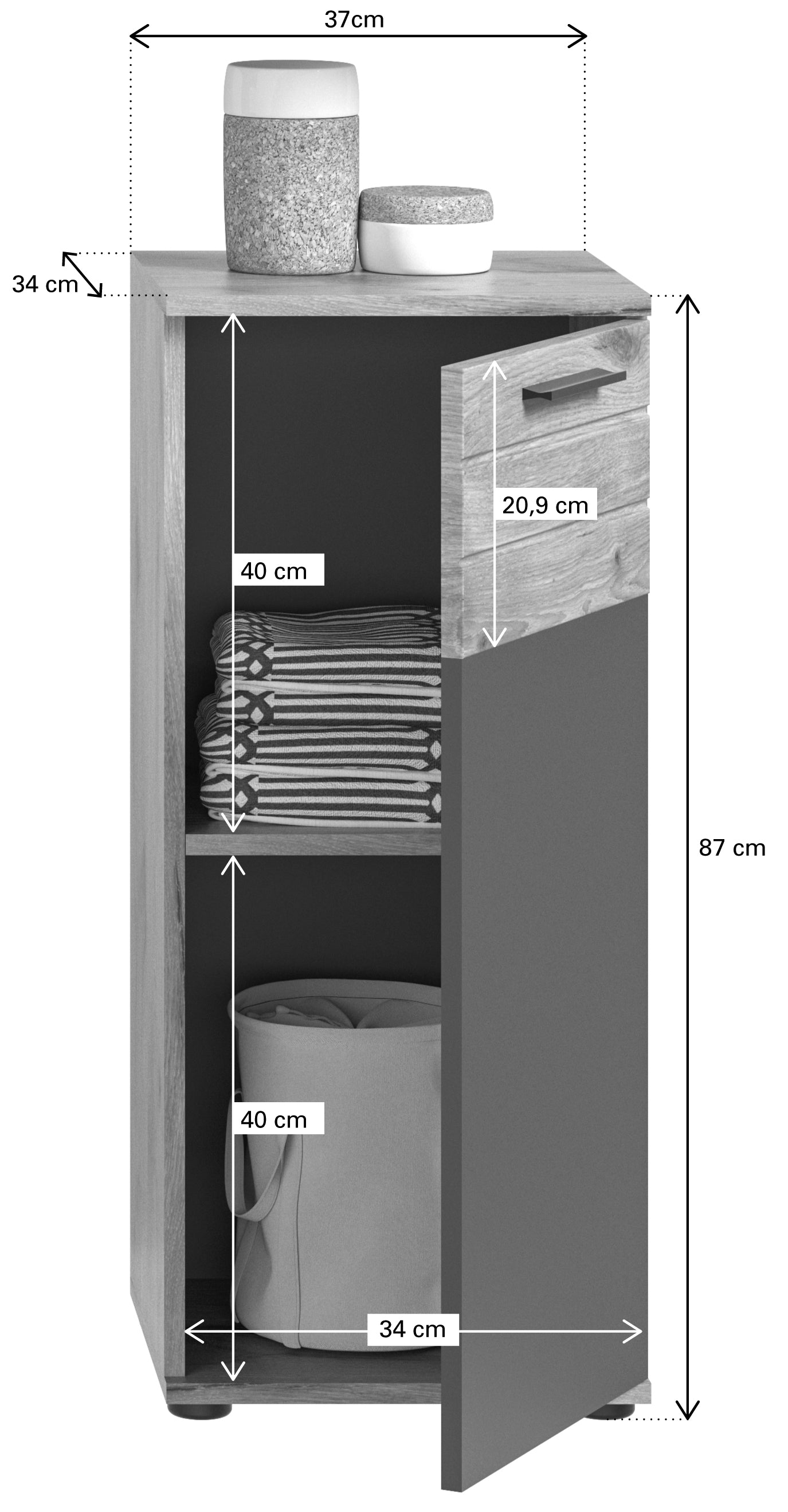 Badezimmer-Hochschrank mit geöffnetem Innenbereich und Schublade, Holzdekor und grau