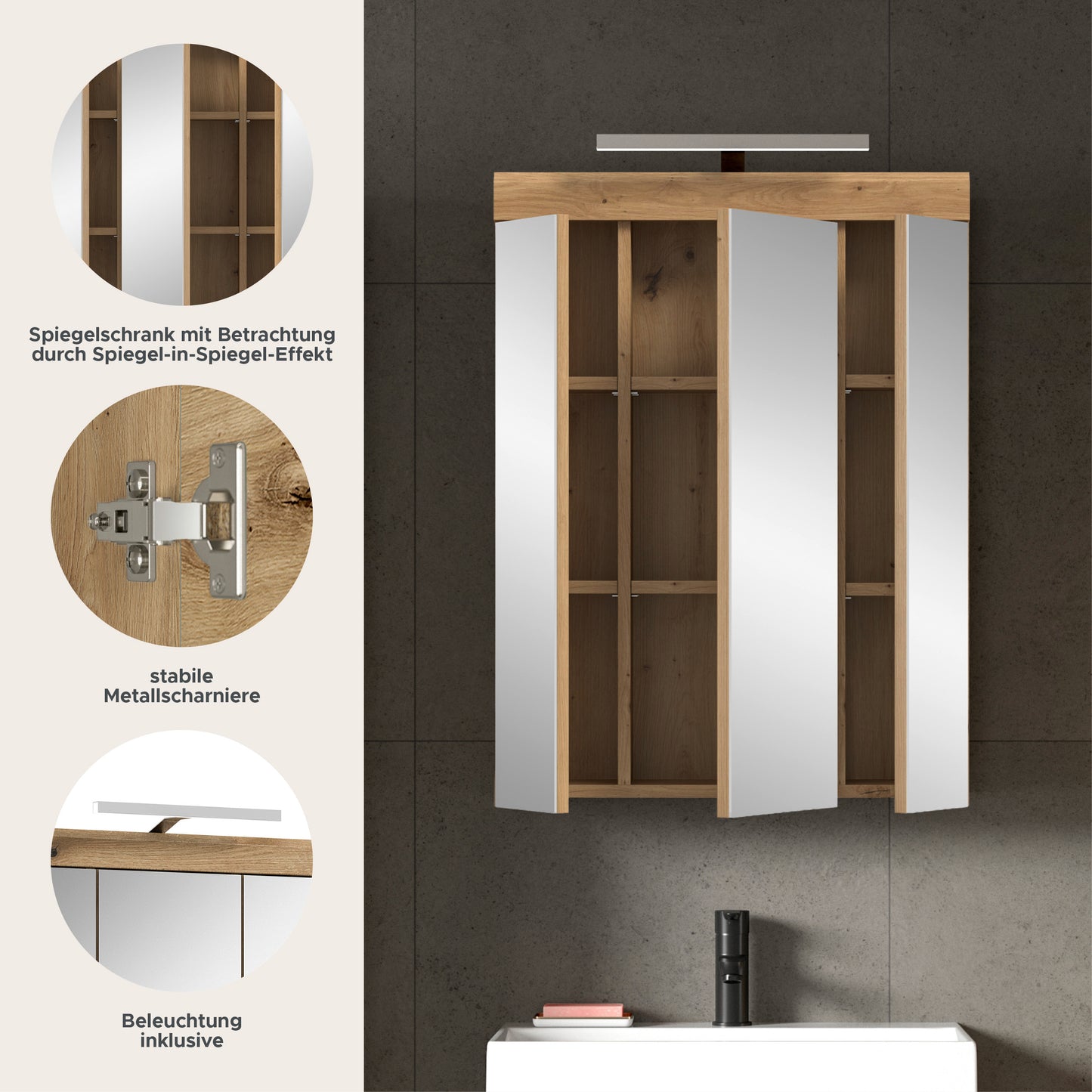 Armoire de toilette avec éclairage SCOUT (L/H/P : env. 60/79/18 cm) en imitation chêne Evoak/verre miroir
