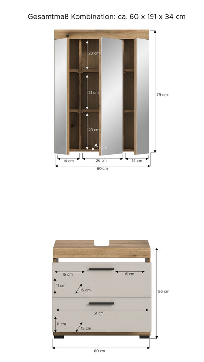 Badezimmerset aus Spiegelschrank und Badschrank (Maßansicht), weiß und Holzdekor