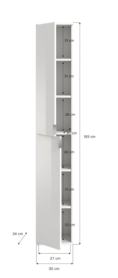 Hochschrank mit Maßangaben, Tür offen, Innenraum mit Regalfächern