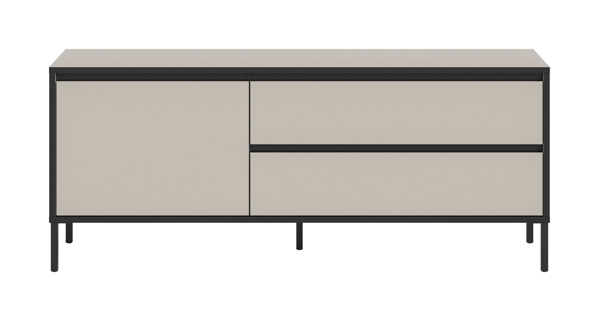 Lowboard von Homes & Jones mit Klappe und Schubladen, grau-beige Front, schwarze Zierlinie, Füße