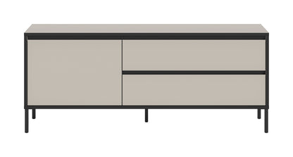Lowboard von Homes & Jones mit Klappe und Schubladen, grau-beige Front, schwarze Zierlinie, Füße