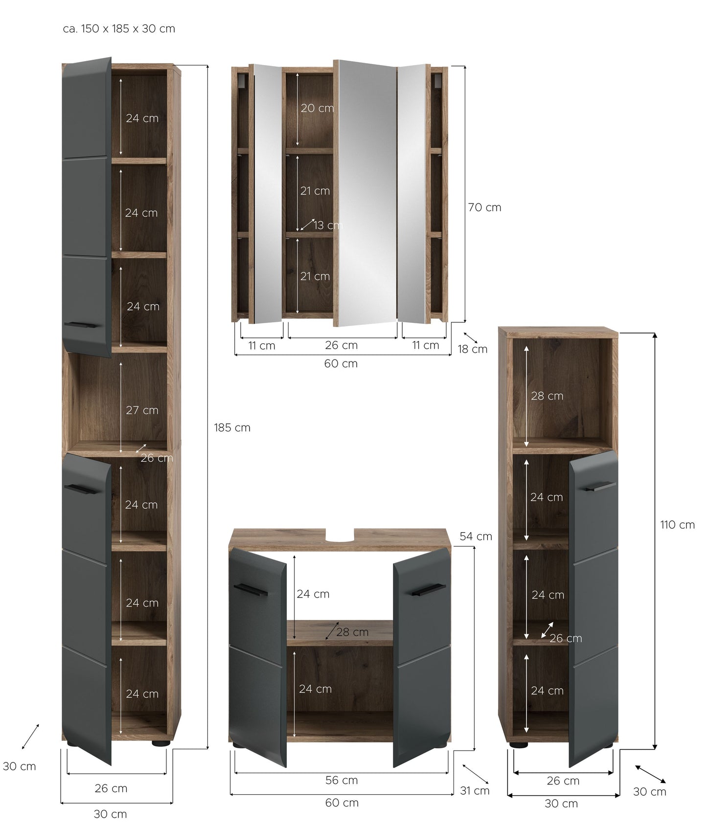 Badezimmer-Set aus Holz und dunklem Grau mit offenen Fächern und Schubladen, 4-teilig