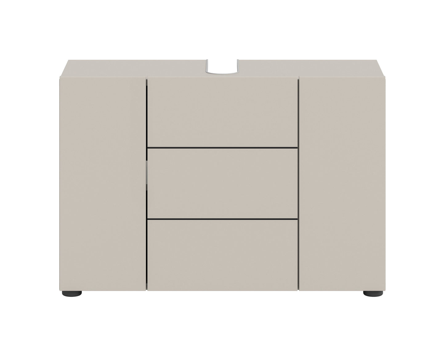 Waschbeckenunterschrank in Beige mit 3 Türen, mittigem Bereich mit zwei Fächern