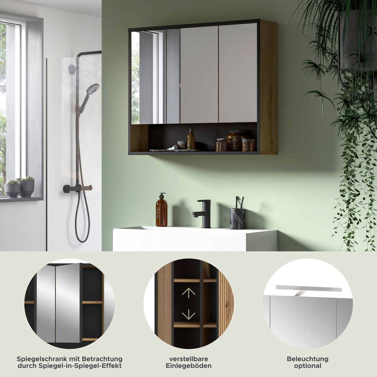 Mirror Cabinet BAGNO (W/H/D: approx. 80/68/19 cm) in Artisan Oak finish/Artisan Oak finish