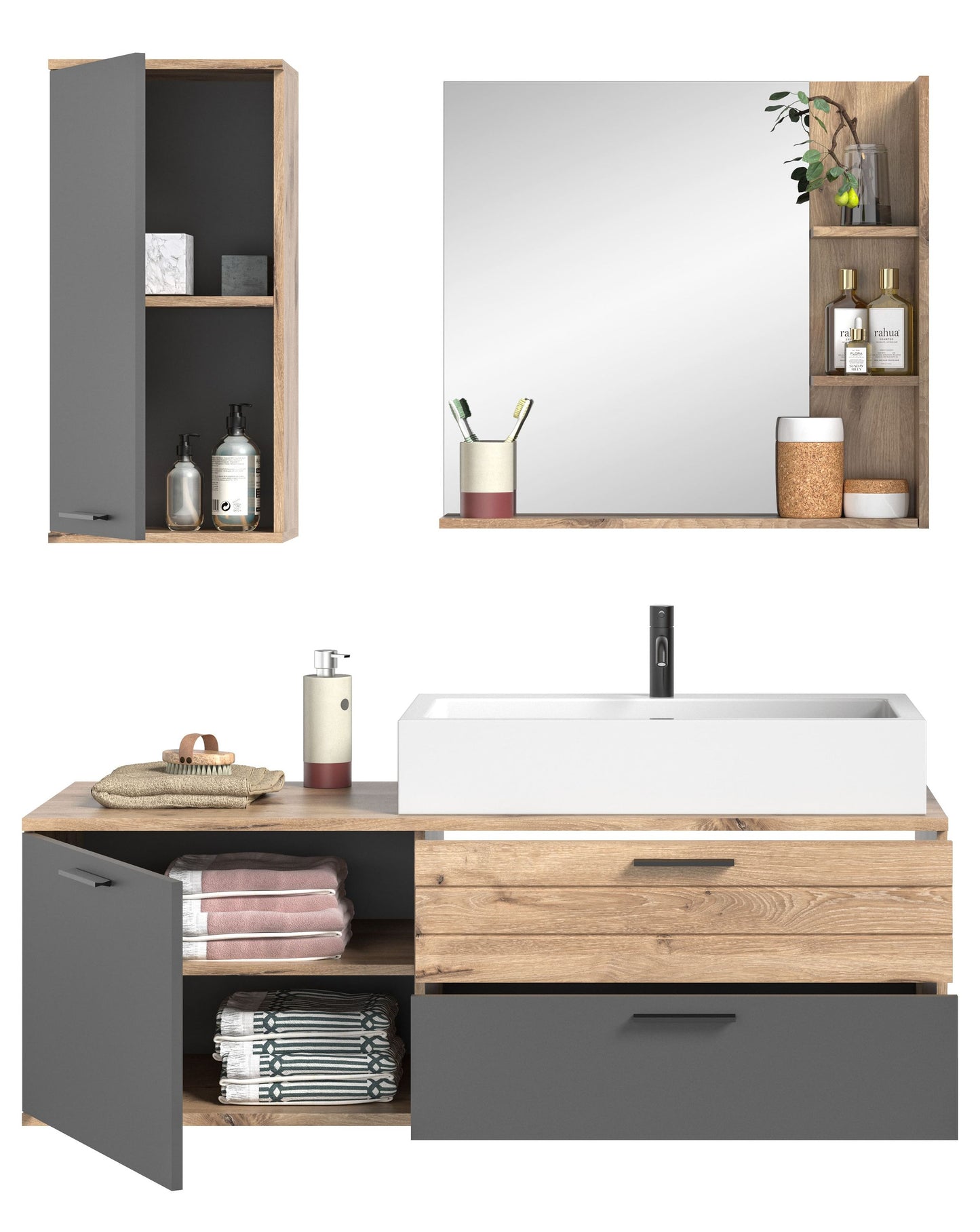 Ensemble de salle de bain MASON (L/H/P : env. 140/152/48 cm) en imitation chêne Nox/gris basalte