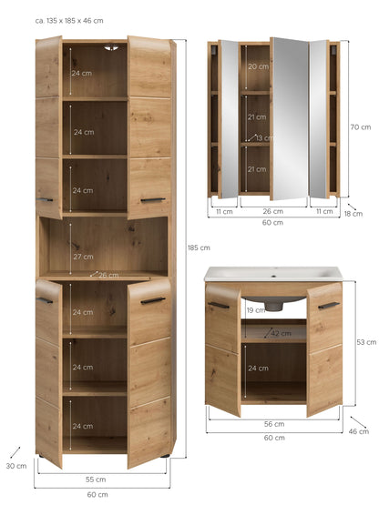 Badezimmerset 4-teilig mit Maßangaben: Hochschrank, Spiegelschrank und Waschtisch