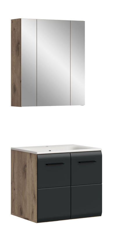 Badmöbel-Set mit Spiegelschrank und Waschtisch, Eiche-Nachbildung und Dunkelgrau