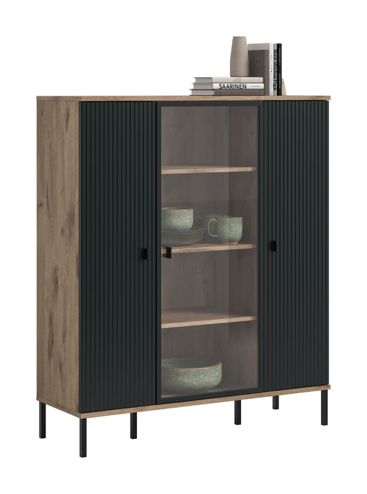 Highboard CHESS (L/H/P : env. 115/137/41 cm) en imitation chêne Nox/noir