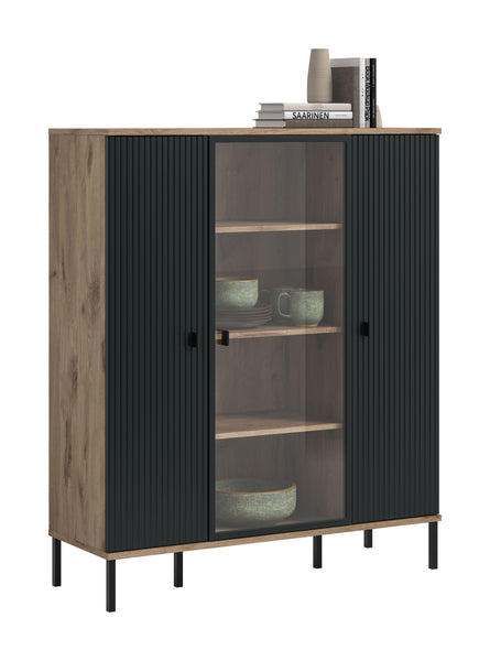 Highboard CHESS (L/H/P : env. 115/137/41 cm) en imitation chêne Nox/noir