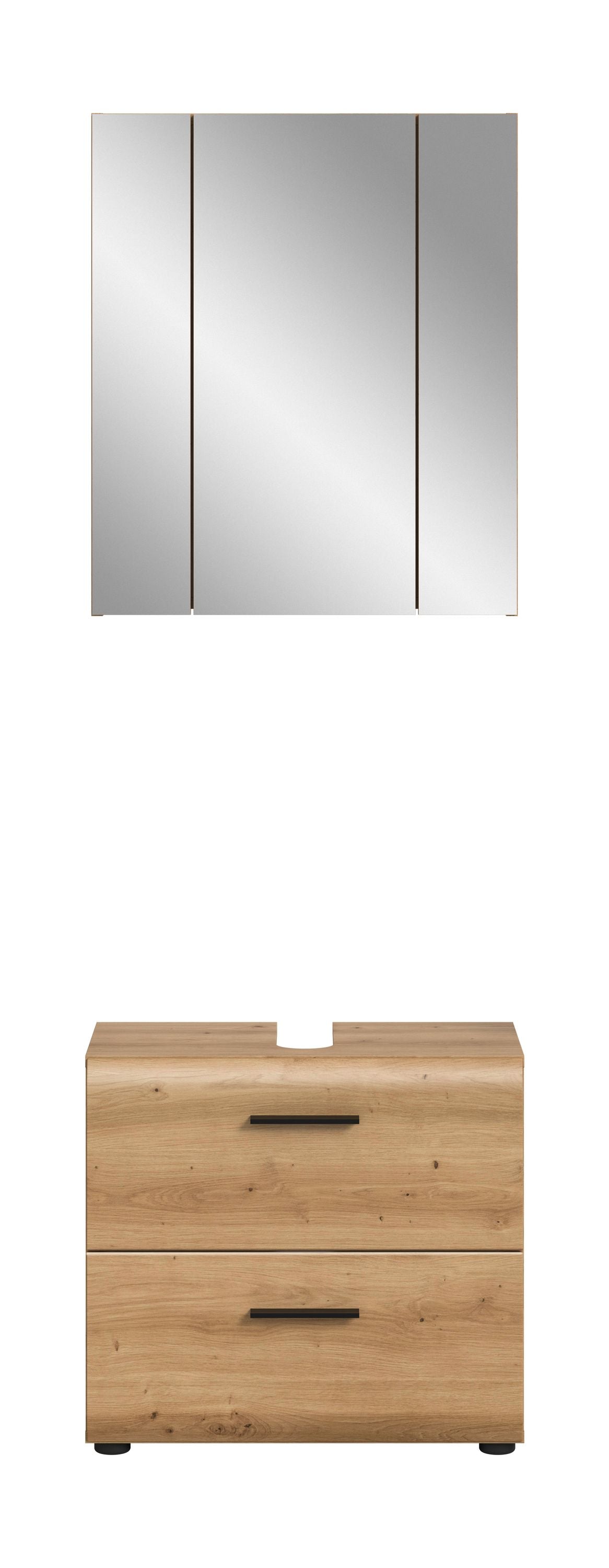 Badmöbelset mit Spiegelschrank und Waschtischunterschrank, weiß/hellgrau, 2 Schübe