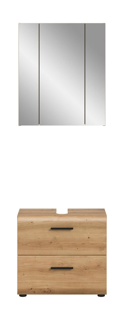 Badmöbelset mit Spiegelschrank und Waschtischunterschrank, weiß/hellgrau, 2 Schübe