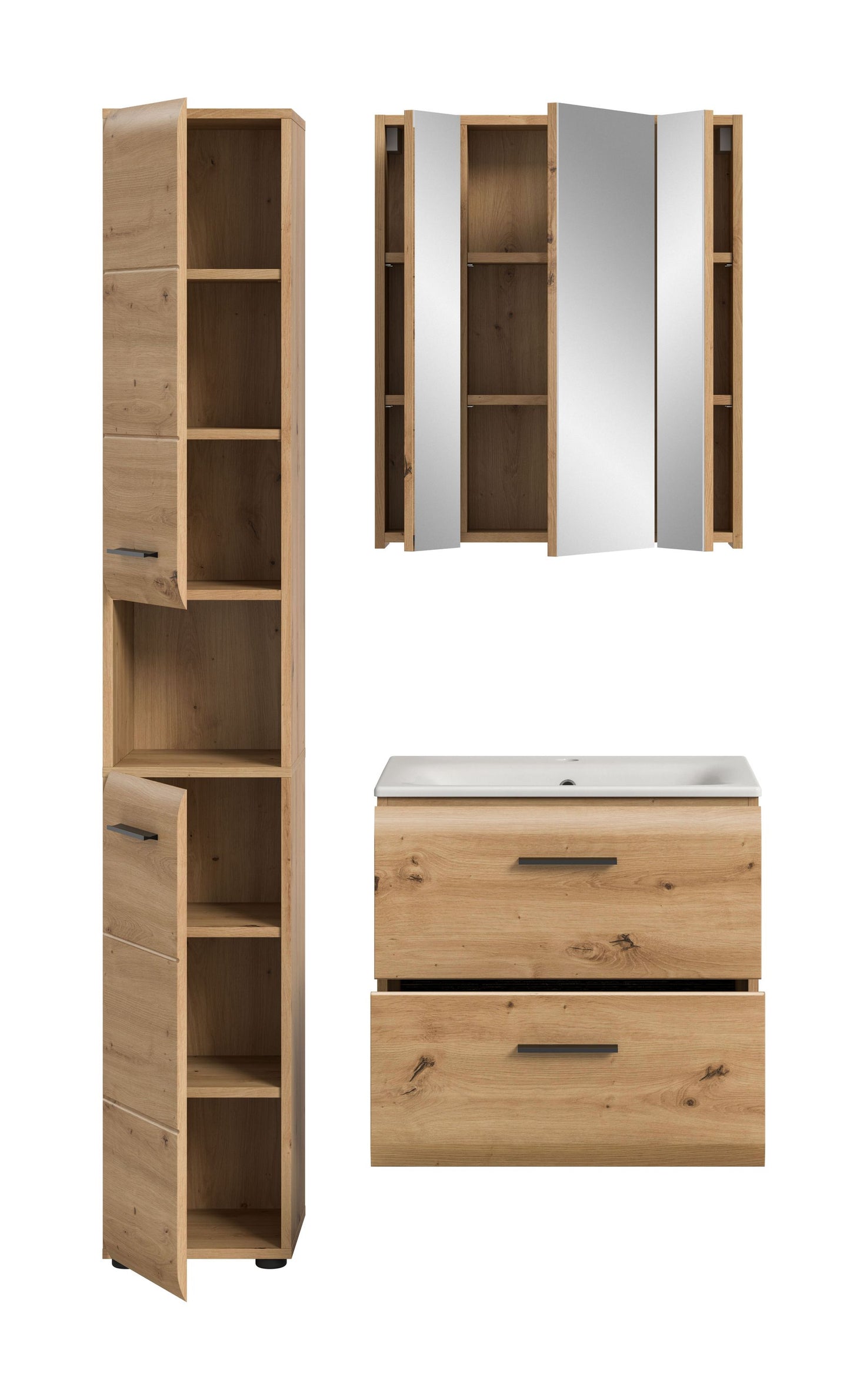 Badmöbel-Set mit offenen Türen: Hochschrank, Spiegelschrank und Waschtisch mit Schubladen