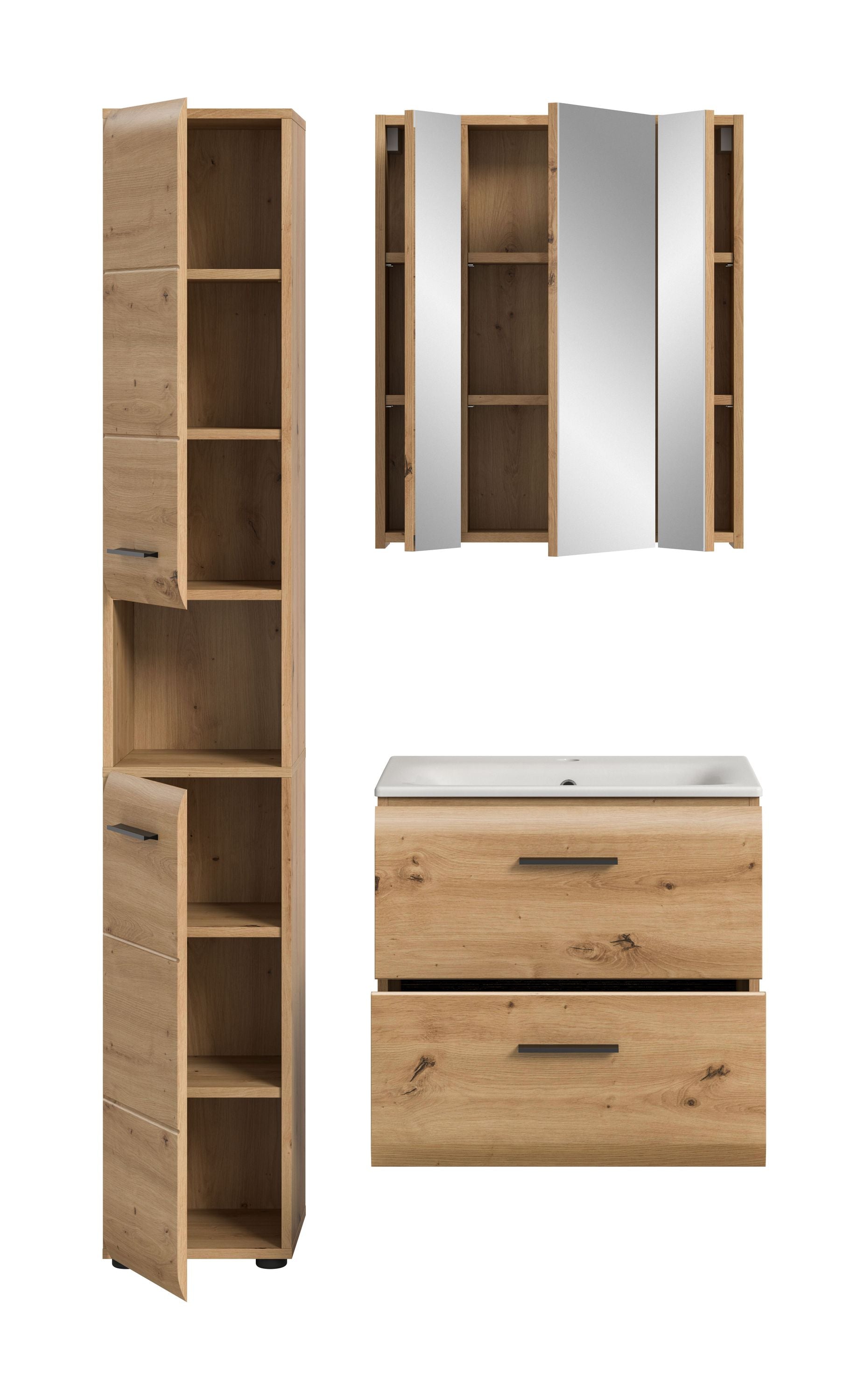 Badmöbel-Set mit offenen Türen: Hochschrank, Spiegelschrank und Waschtisch mit Schubladen