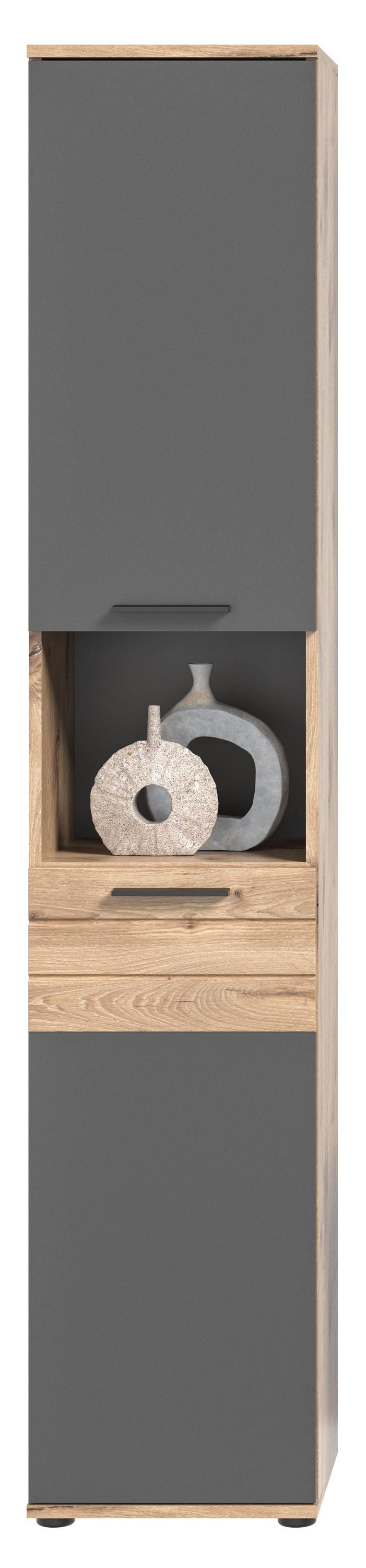 Homes & Jones Hochschrank mit dunkelgrauer Front und Holzdekor, mit Offenkammer und Ablage