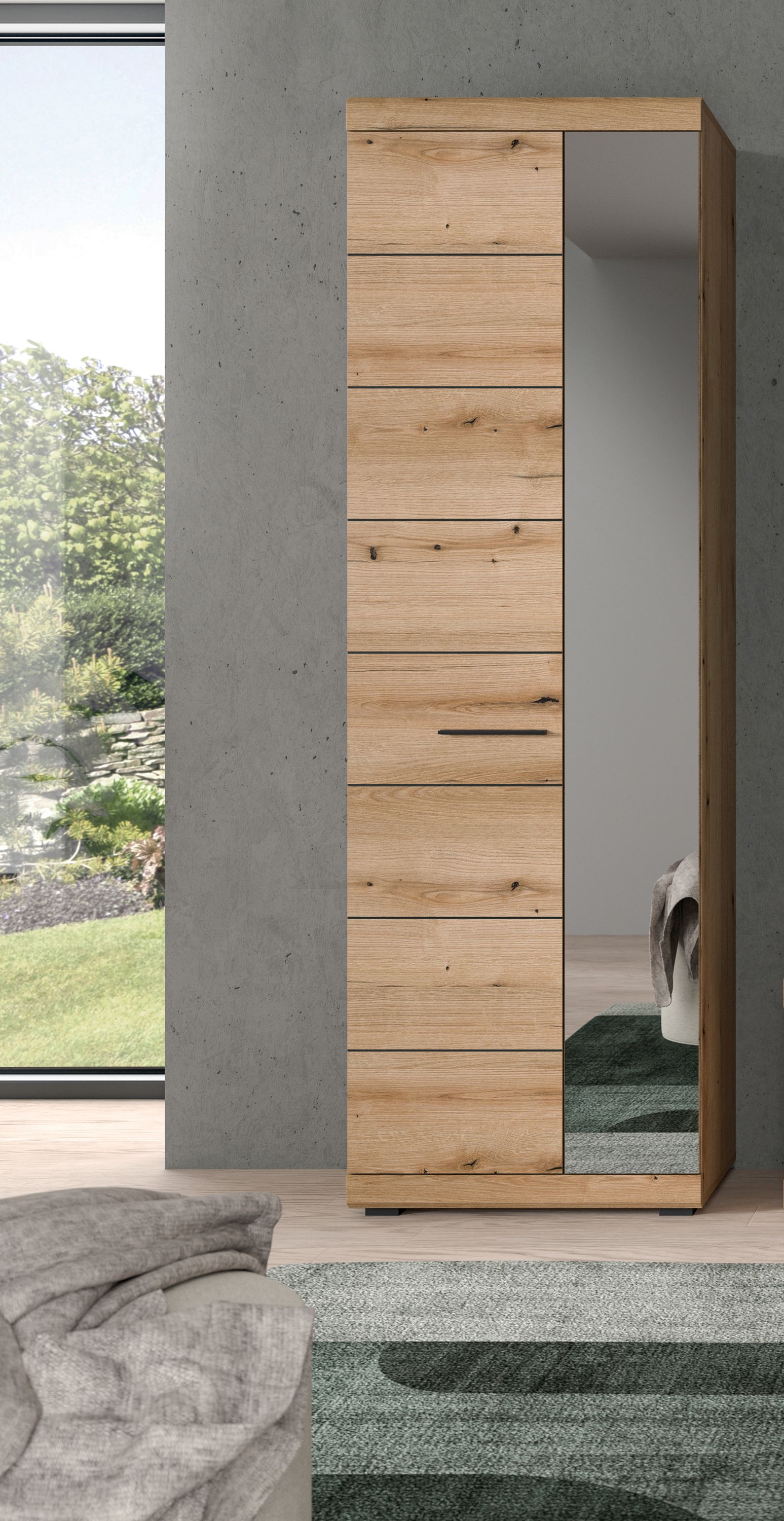 Garderobenschrank mit Spiegel, Holzoptik, Schubladen und Fachbereich