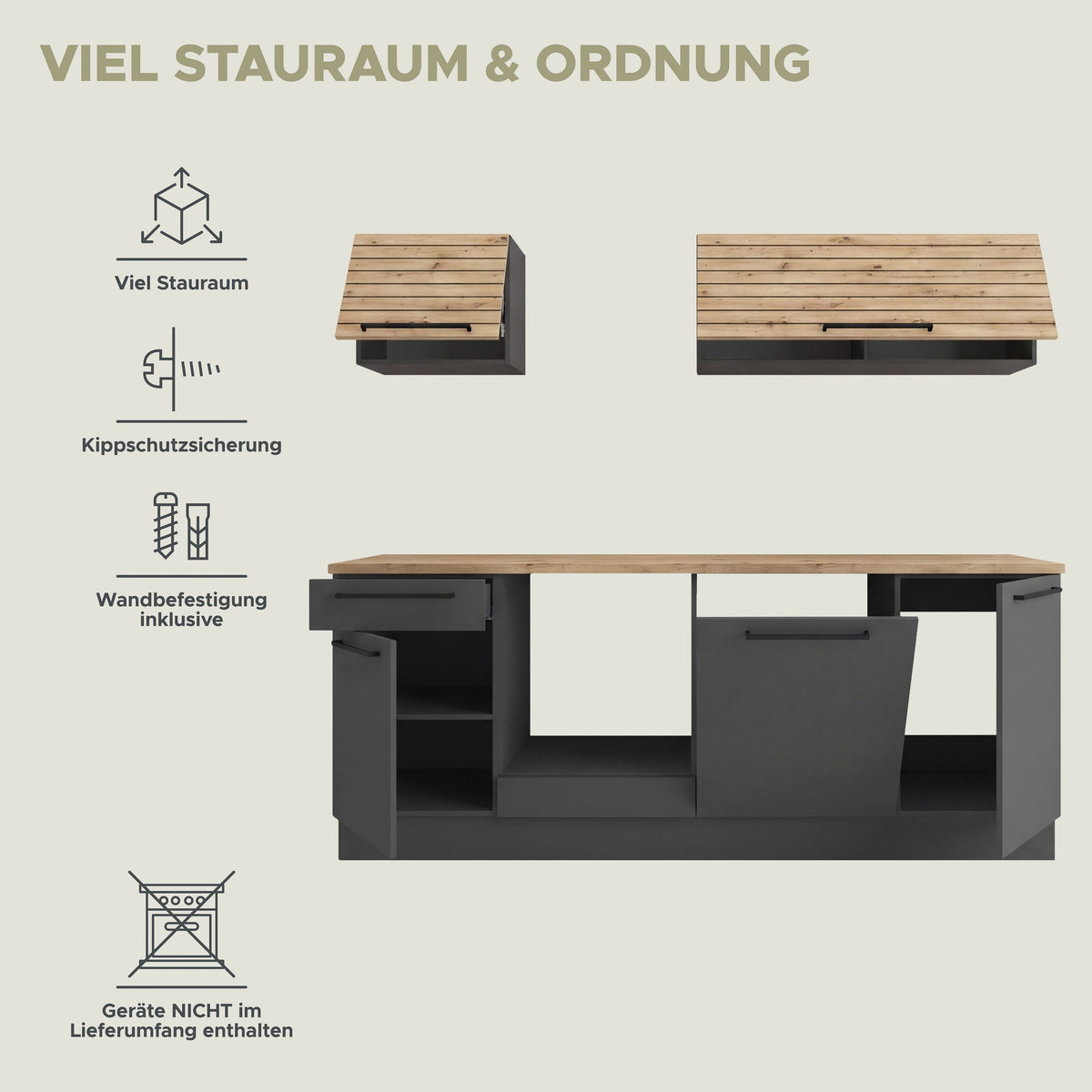 Küchenzeile (ohne E-Geräte) (B/H/T 220x195x60 cm) in Basalt grau