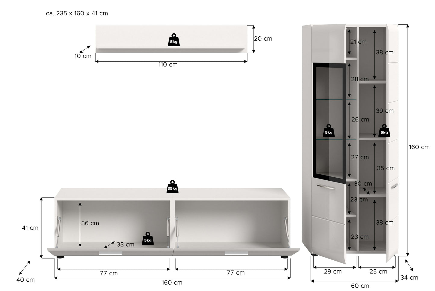 Meuble TV ICE (L/H/P : env. 235/160/41 cm) blanc/blanc laqué