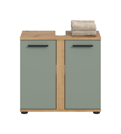 Waschbeckenunterschrank mit zwei Minttüren, Holzgestell, Griffen, Handtuchstapel oben