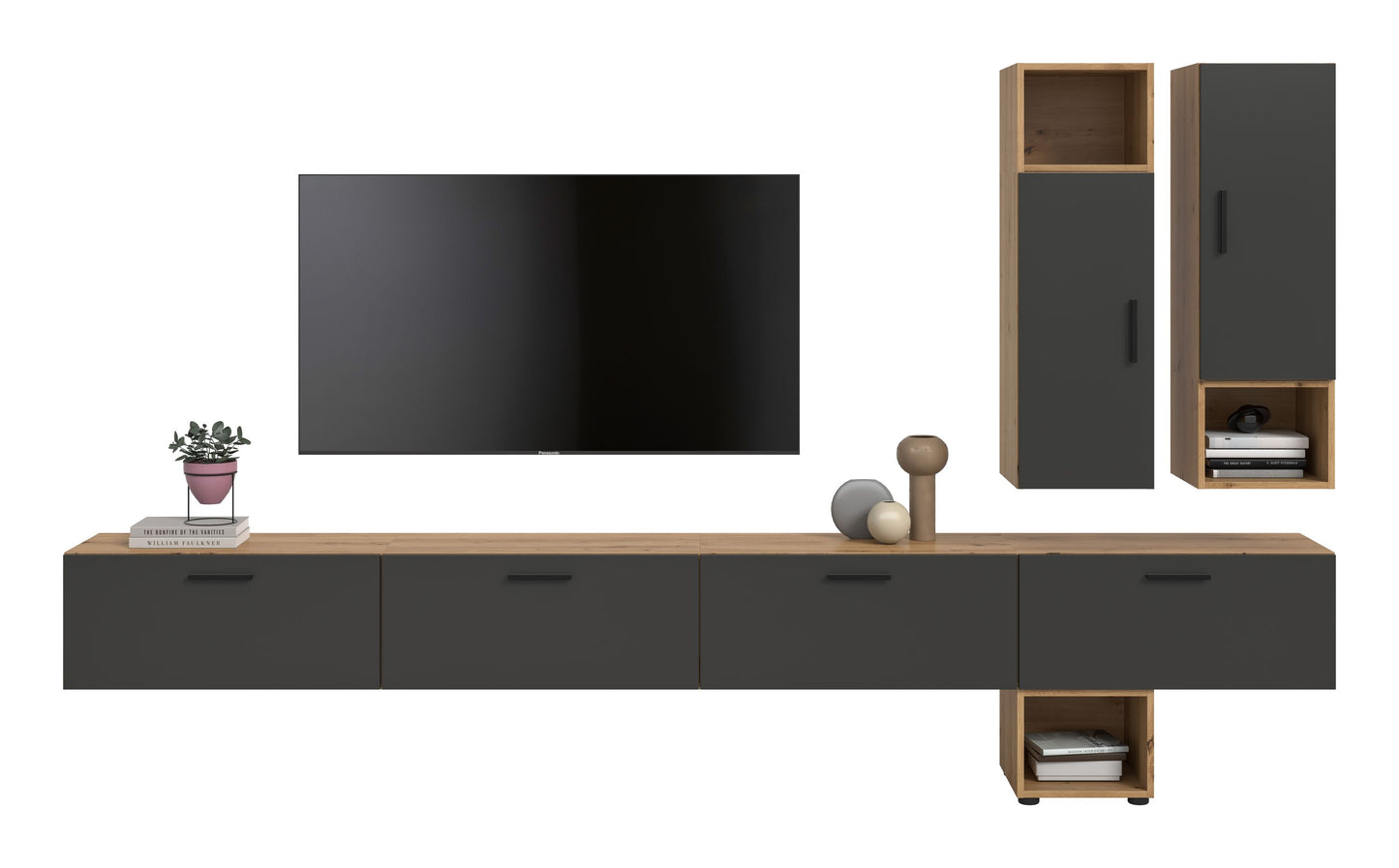 Meuble TV mural THE ONE (L/H/P : env. 300/178/34 cm) en imitation chêne Artisan/vert fumé