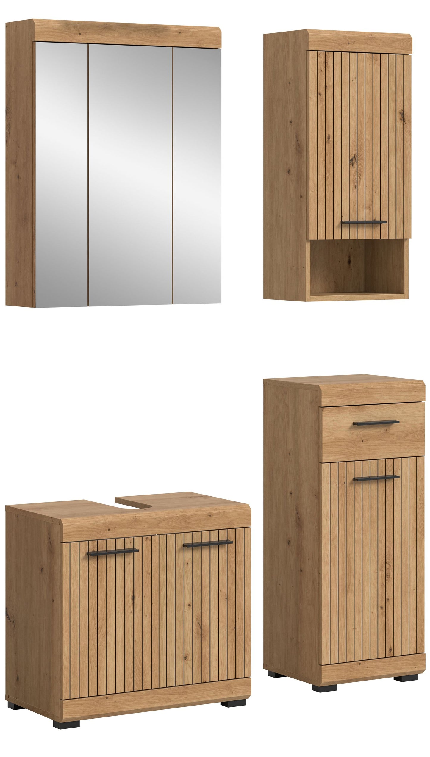 Badezimmerset 4-teilig in hellem Holz mit Lamellenfronten und weißen Türen, mit Griffen
