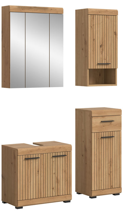Badezimmerset 4-teilig in hellem Holz mit Lamellenfronten und weißen Türen, mit Griffen