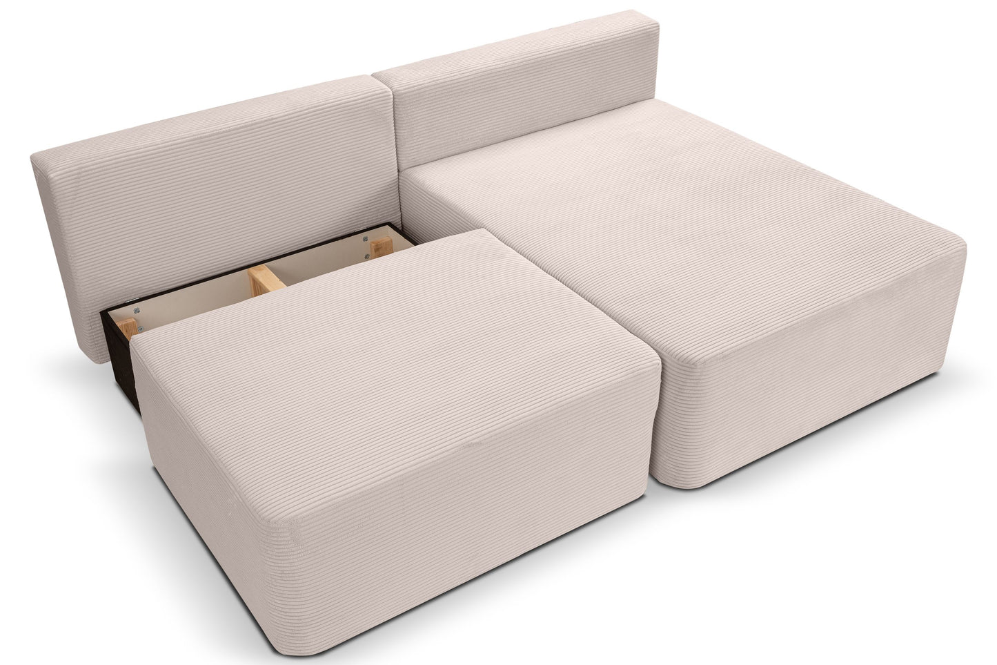 Cord-Schlafsofa in Beige, geöffnete Sitzfläche mit zwei Anbau-Polstern