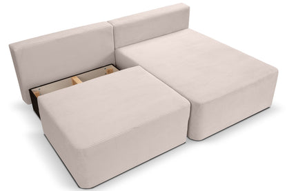 Cord-Schlafsofa in Beige, geöffnete Sitzfläche mit zwei Anbau-Polstern