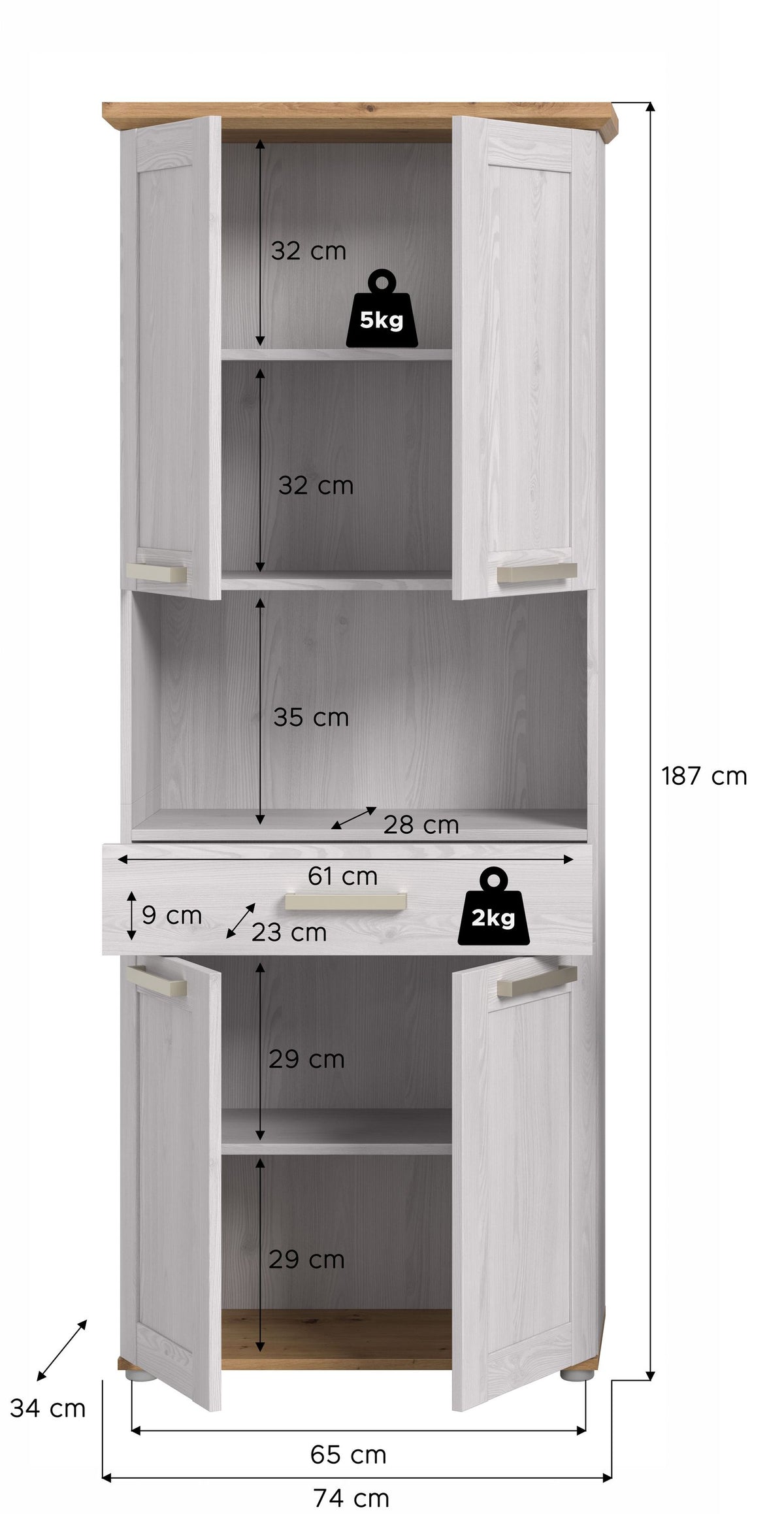 Tall cabinet wide VERONA (W/H/D: approx. 74/187/34 cm) in Sibiu larch reproduction/Sibiu larch reproduction