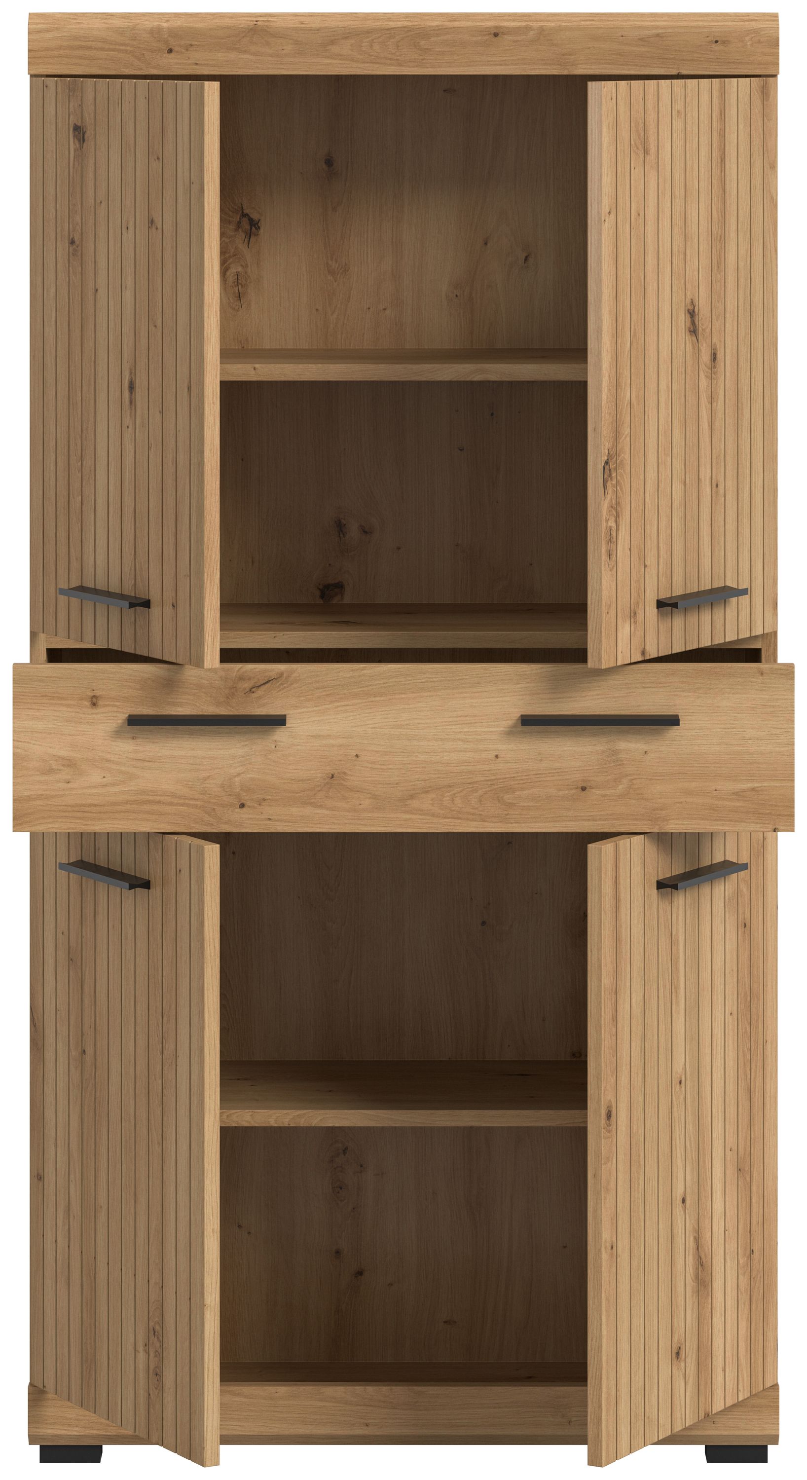 Badhochschrank mit geöffneten Türen, Innenfächer und zwei Ebenen, Holzoptik