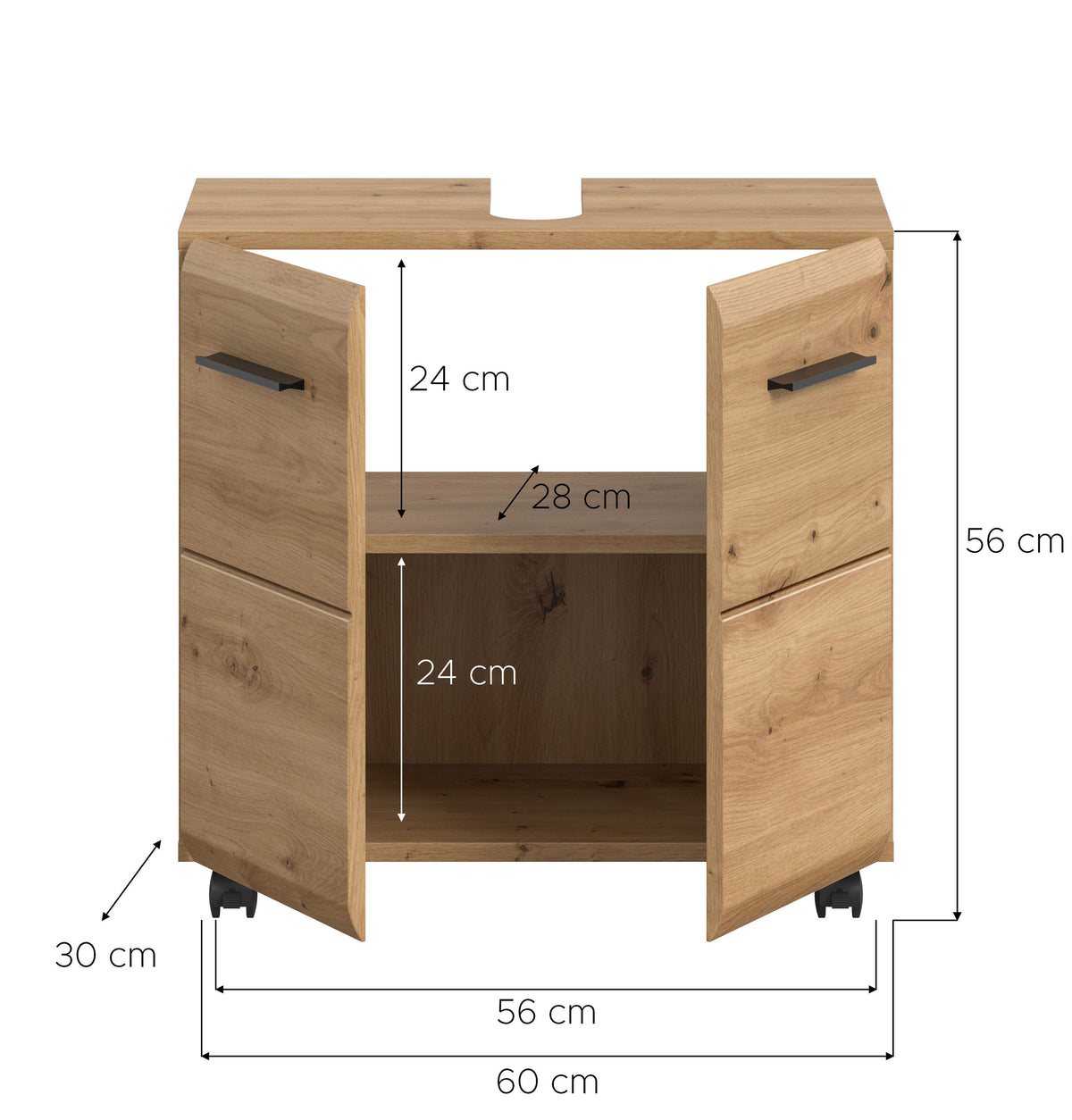 Rolling Washbasin Cabinet ICE (W/H/D: approx. 60/58/30 cm) in Nox Oak finish/matt black