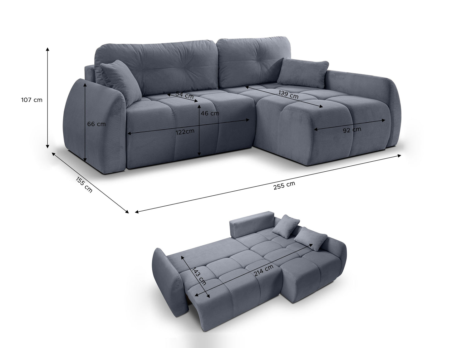 Canapé convertible d'angle Sancho Long – Canapé d'angle tendance en velours côtelé avec fonction couchage