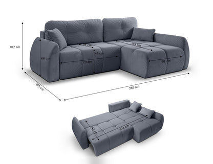 Canapé convertible d'angle Sancho Long – Canapé d'angle tendance en velours côtelé avec fonction couchage