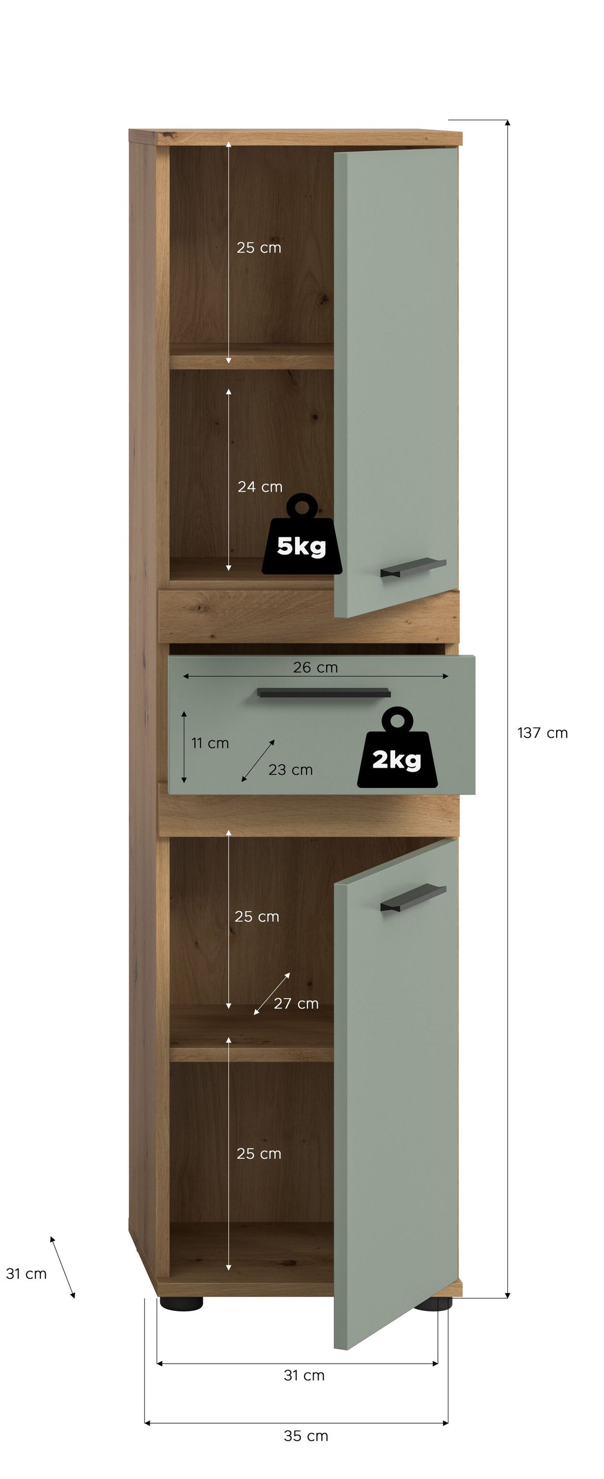 Badhochschrank in Ansicht mit Maßen, offenem Innenfach und Schublade, Holz/hellblaue Front