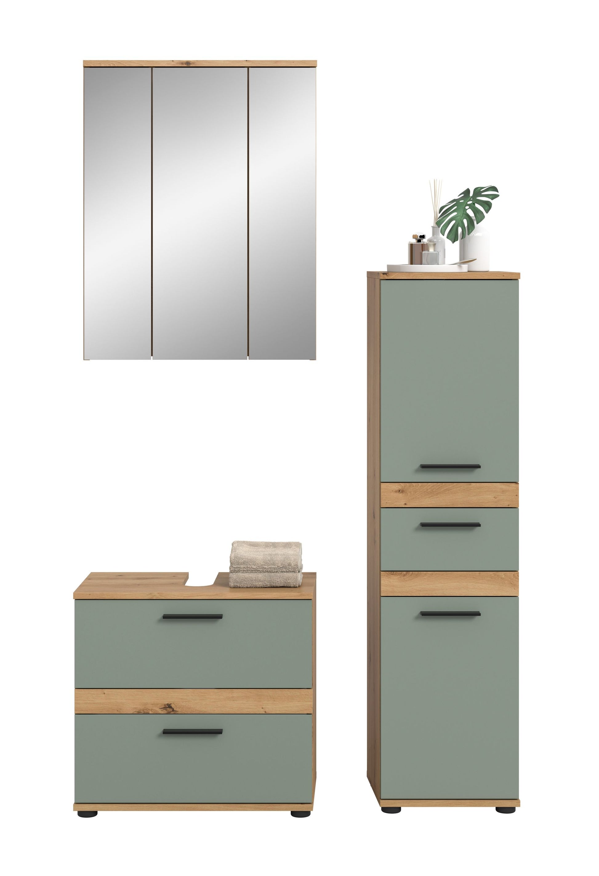 Badmöbel-Set: Waschtischkommode mit 3 Schubladen und Hochschrank mit 2 Auszügen, Spiegel