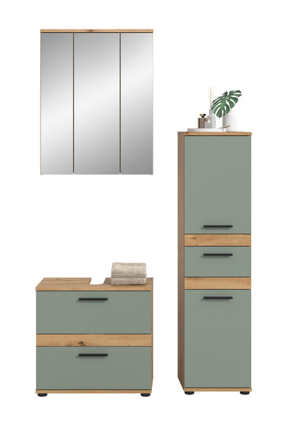 Badmöbel-Set: Waschtischkommode mit 3 Schubladen und Hochschrank mit 2 Auszügen, Spiegel