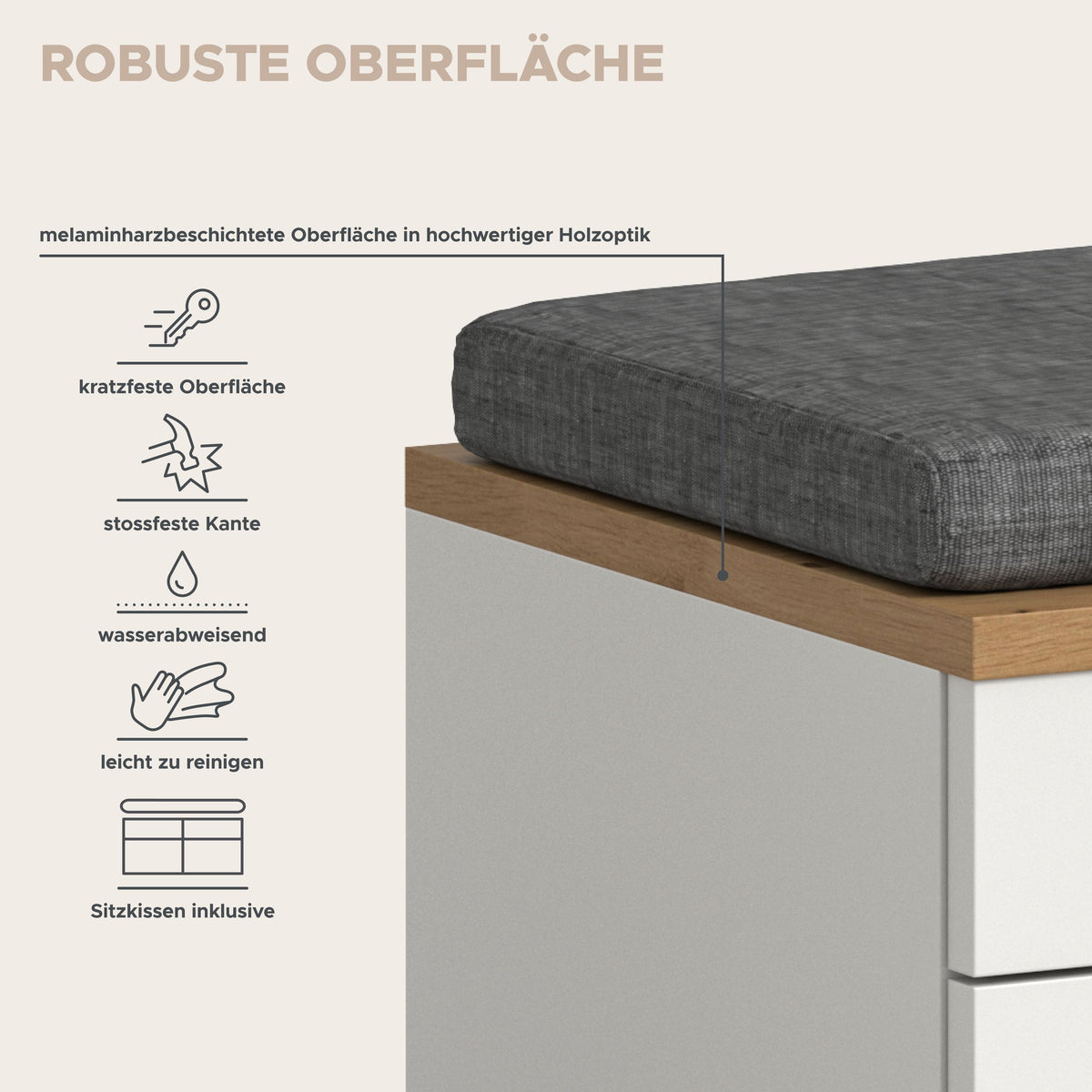 Flurmöbel-Komplettset: Sitzbank mit grauem Stoffpolster und Holzdekorkante am Schrank