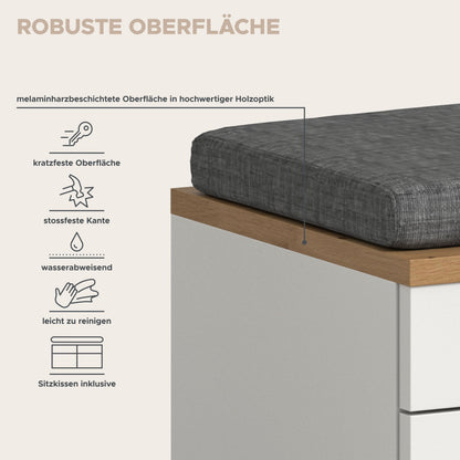 Flurmöbel-Komplettset: Sitzbank mit grauem Stoffpolster und Holzdekorkante am Schrank