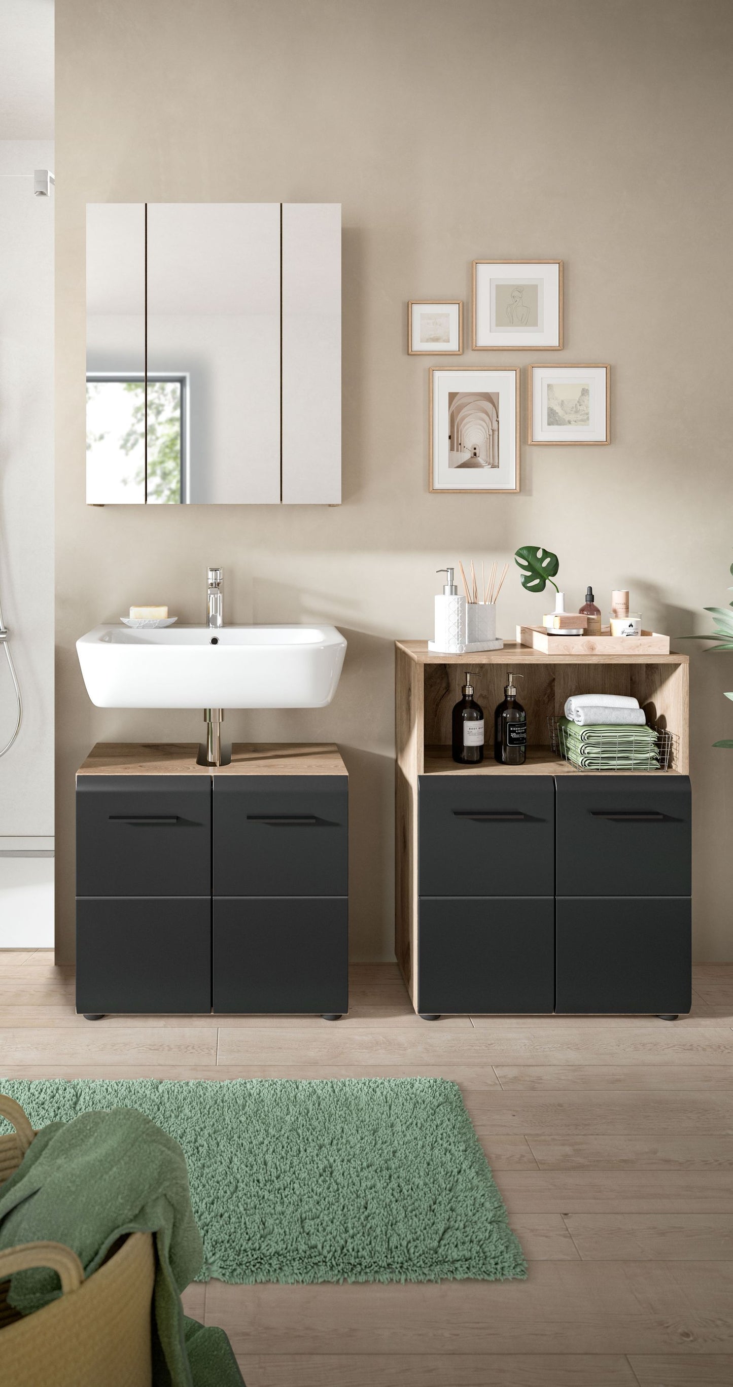 Badezimmermöbel-Set mit Waschbecken-Unterschrank und Spiegelschrank, weiß und dunkles Grau