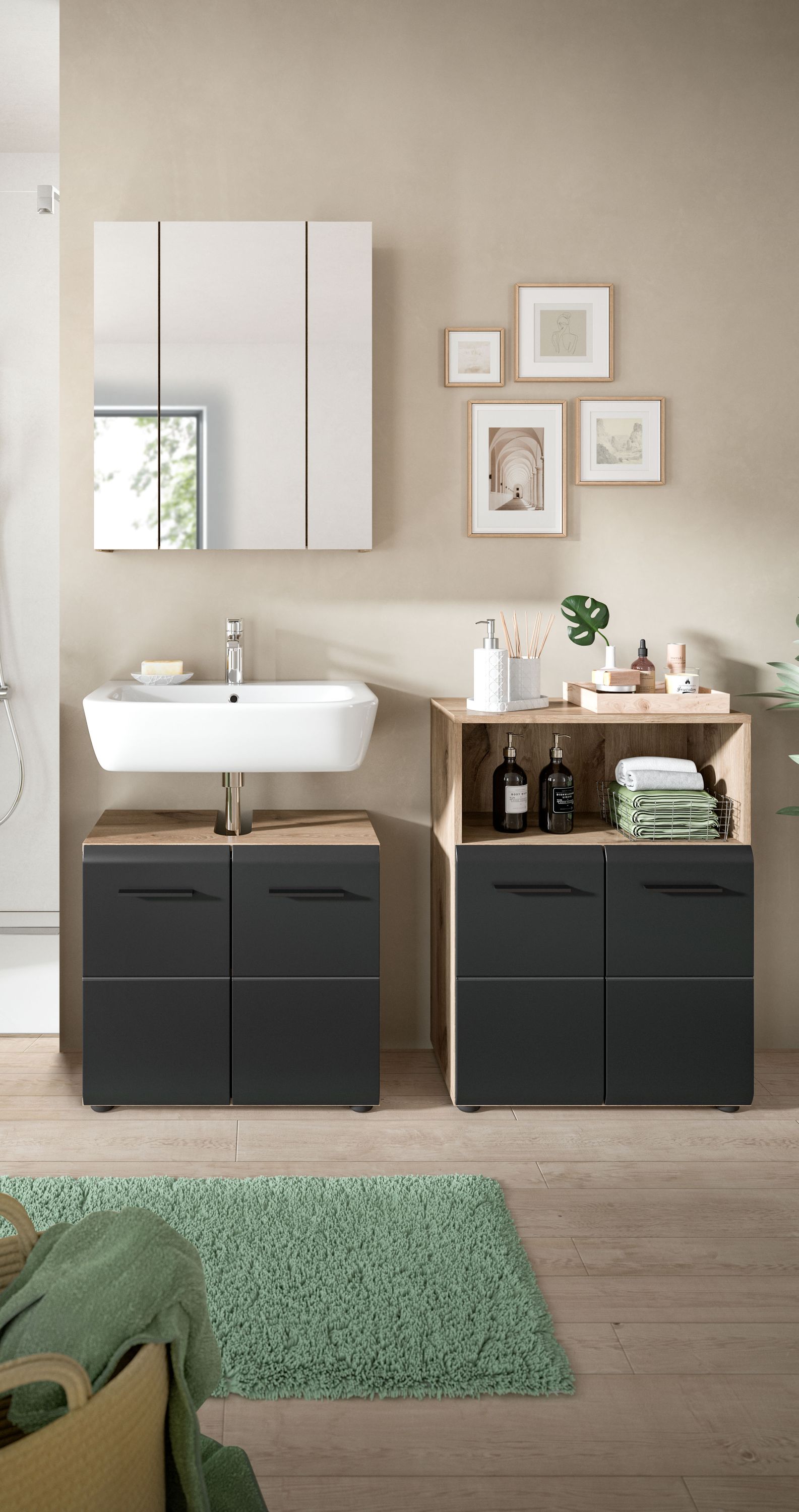Badezimmermöbel-Set mit Waschbecken-Unterschrank und Spiegelschrank, weiß und dunkles Grau