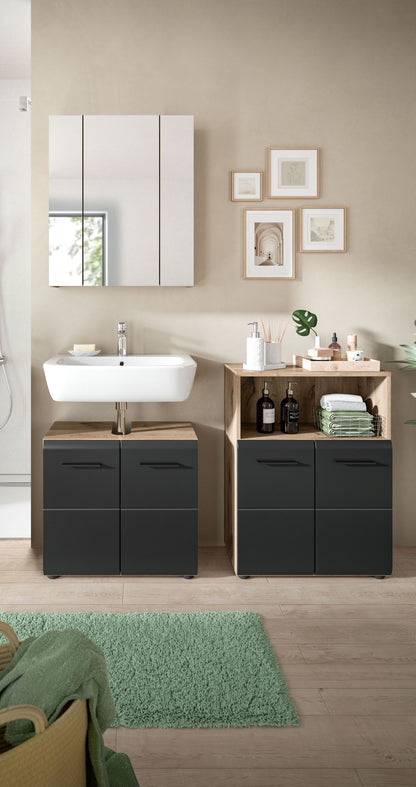 Badezimmermöbel-Set mit Waschbecken-Unterschrank und Spiegelschrank, weiß und dunkles Grau