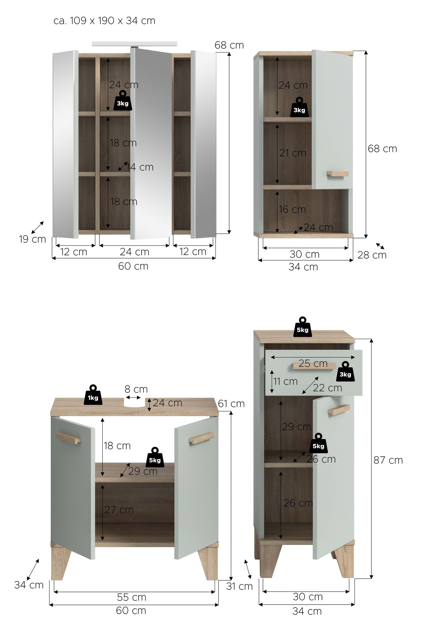 Ensemble de salle de bain avec éclairage STAR (L/H/P : env. 109/190/34 cm) en vert clair/vert clair