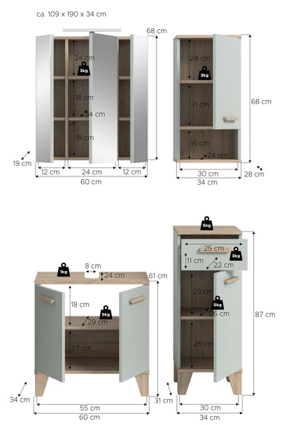 Ensemble de salle de bain avec éclairage STAR (L/H/P : env. 109/190/34 cm) en vert clair/vert clair