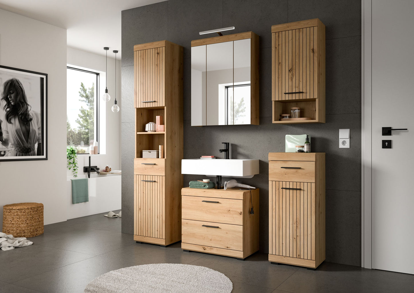 Armoire de toilette avec éclairage SCOUT (L/H/P : env. 60/79/18 cm) en imitation chêne Evoak/verre miroir