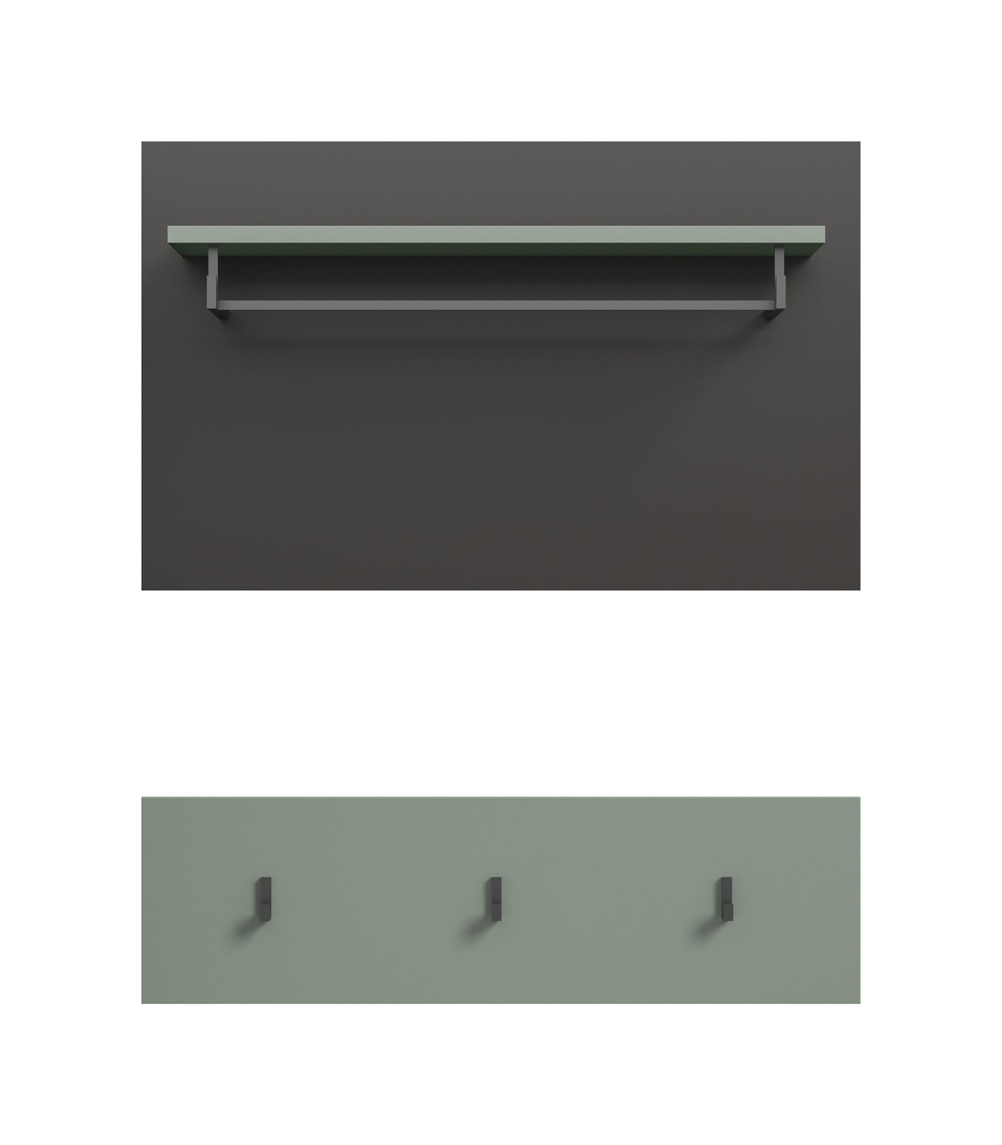 Wandgarderobe mit Hutablage und drei Kleiderhaken, dezente Rückwand und Holzregal