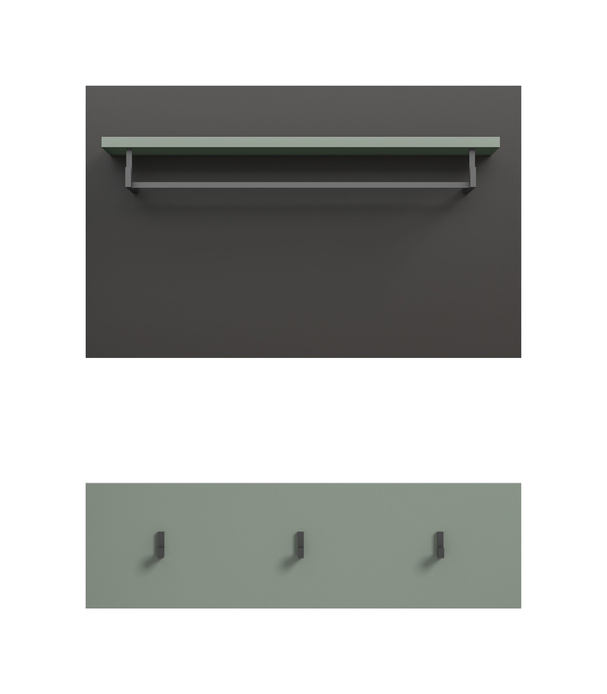 Wandgarderobe mit Hutablage und drei Kleiderhaken, dezente Rückwand und Holzregal