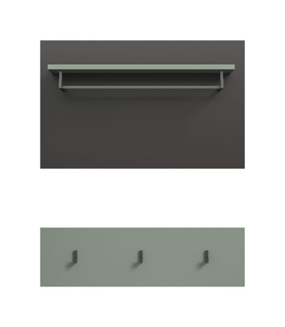 Wandgarderobe mit Hutablage und drei Kleiderhaken, dezente Rückwand und Holzregal