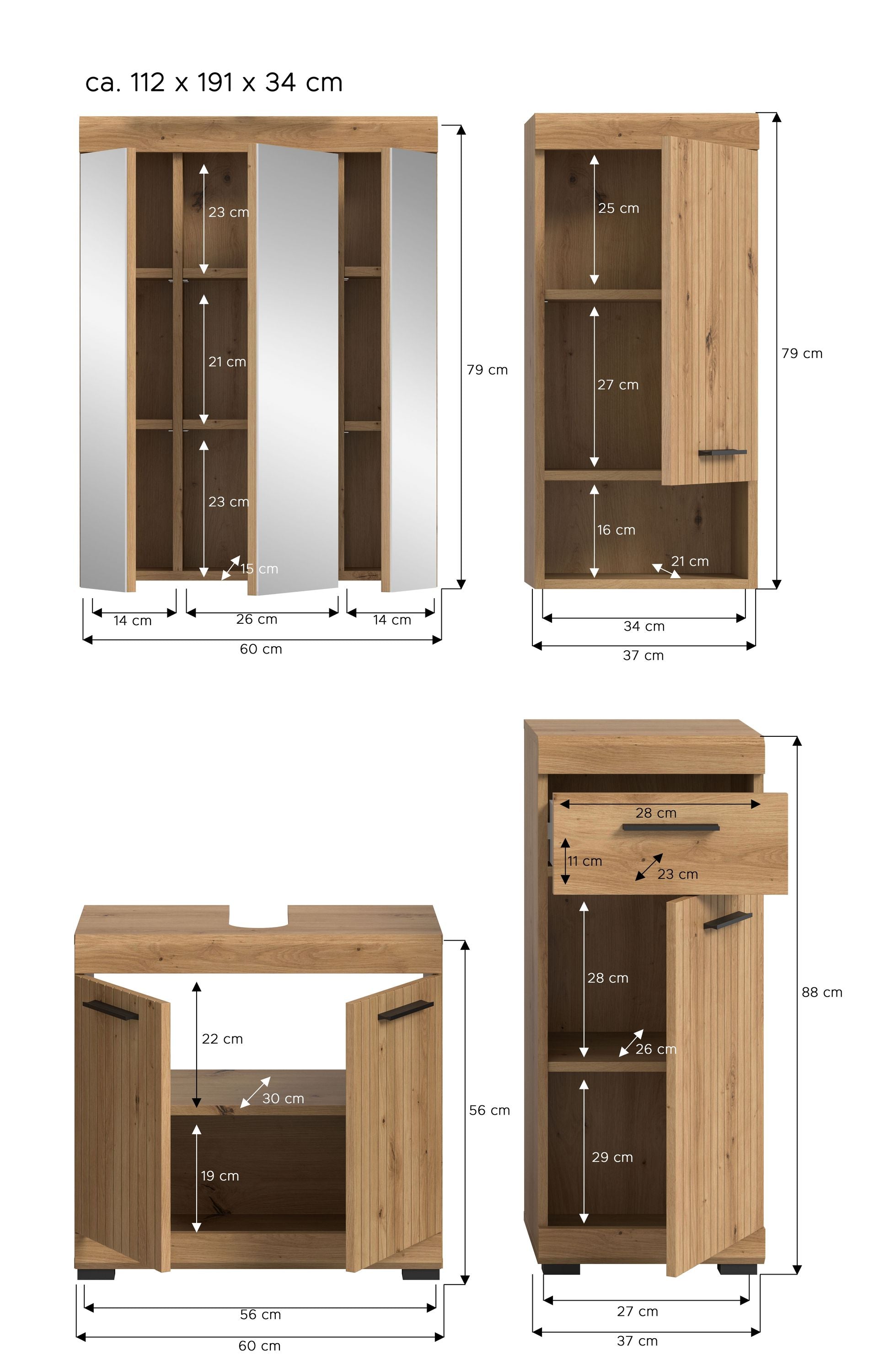 Badezimmerset-Ansichten mit Maßen: Spiegelschrank, Hochschrank und Waschtischunterschrank